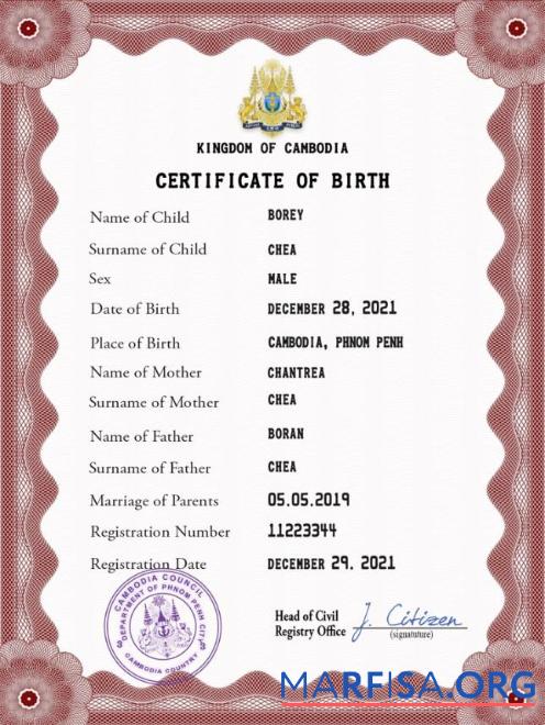 Realistic Cambodia birth certificate PSD template